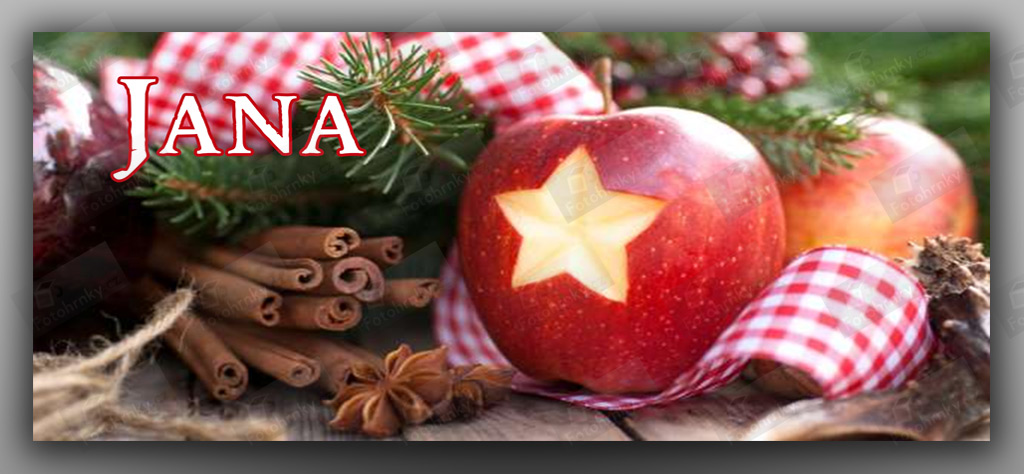 Vánoční motiv s jablkem, skořicí a jménem