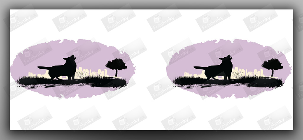 Pes a strom, silueta ve fialovém oválu